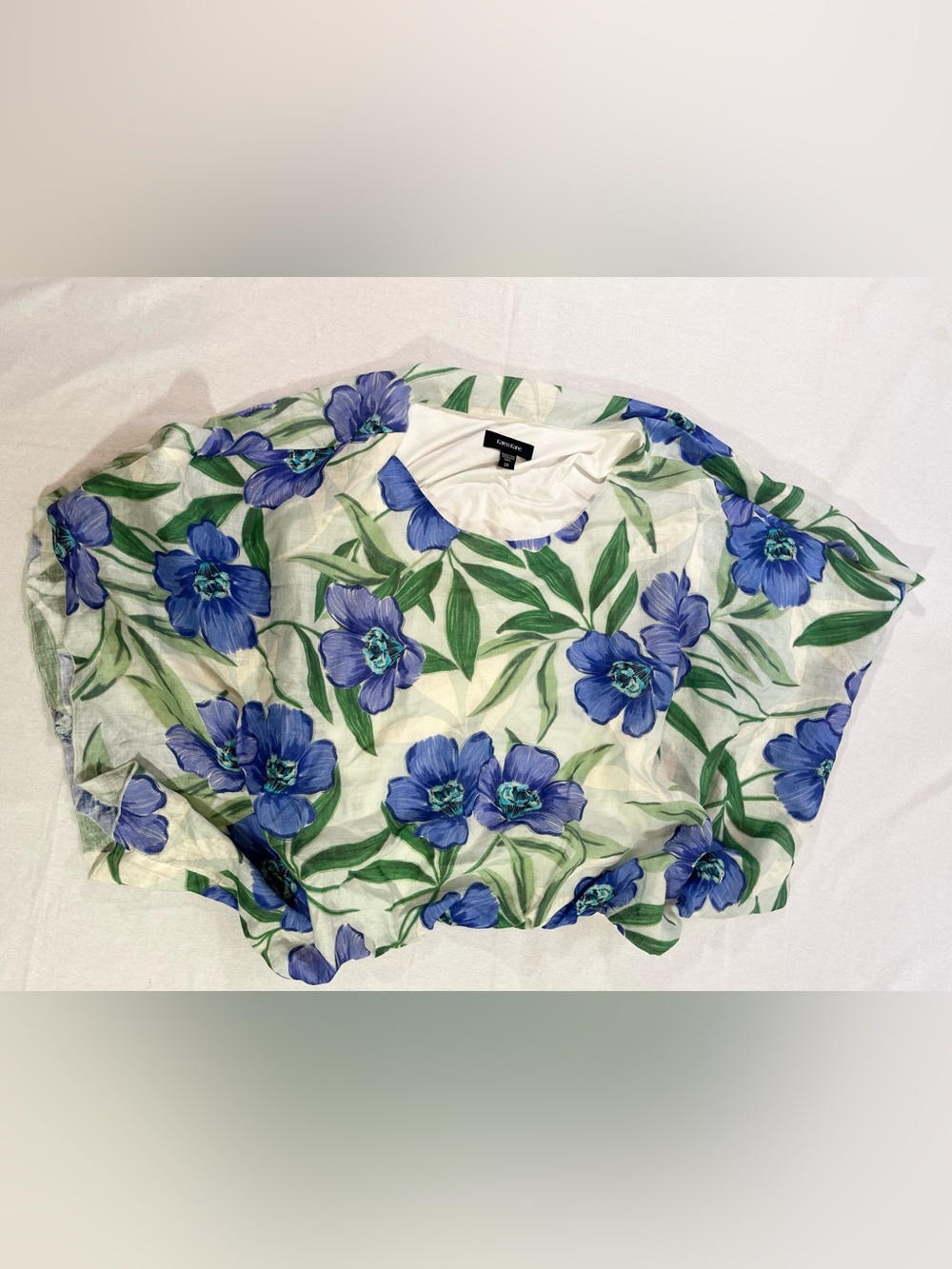 Karen Kane 100% Linen White Blouse with Blue Floral Print